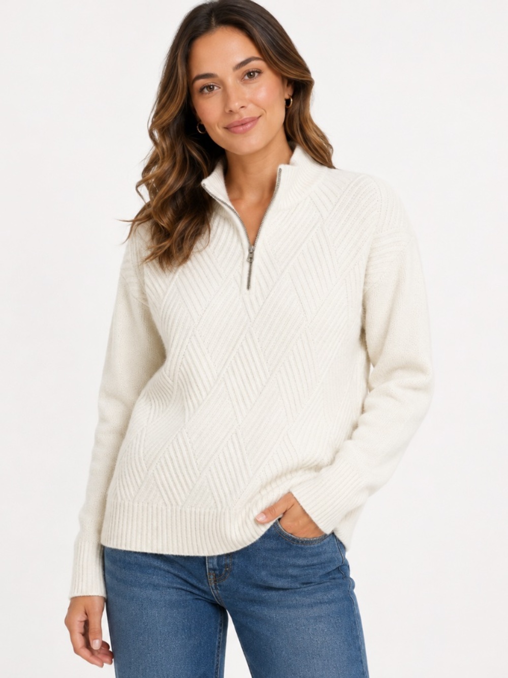 Stitches & Stripes Cream Textured Quarter Zip Sweater Size Small